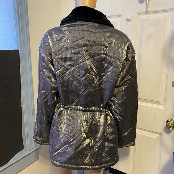 Vintage Climate Zone Women L Puffer Coat Jacket Metallic Silver Faux Fur Fullzip - Picture 6 of 11